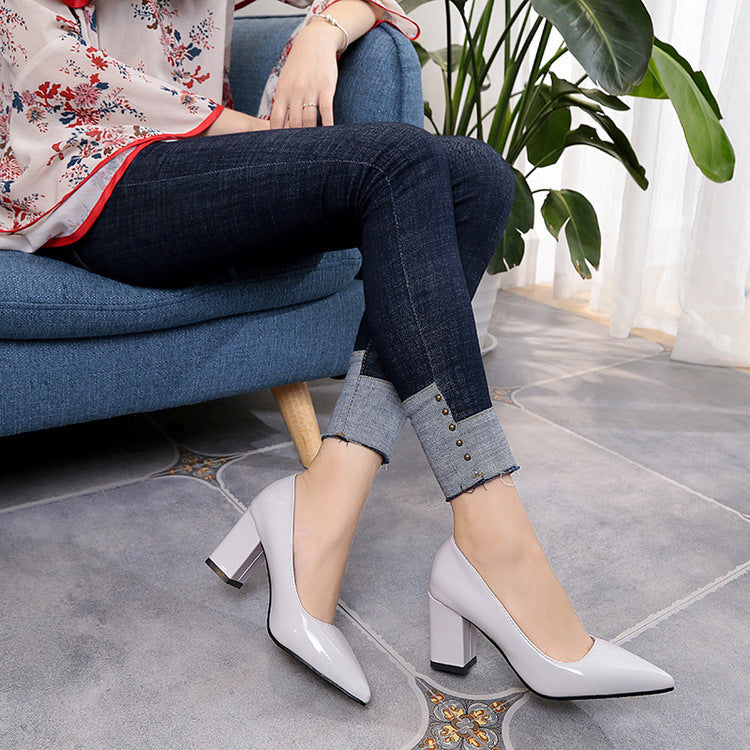 Patent Leather Solid Color Women's Pointed Toe Square Heel Pumps