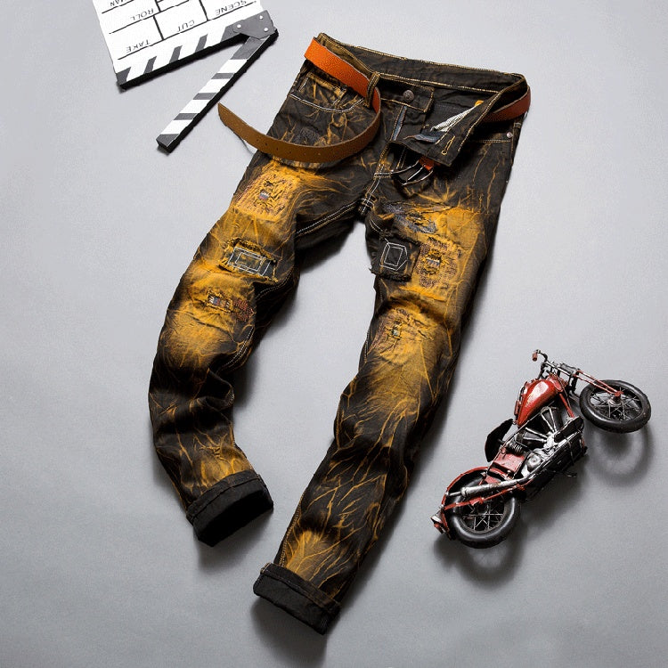 Men's Ripped Washed Colorblock Ruched Skinny Cargo Jeans