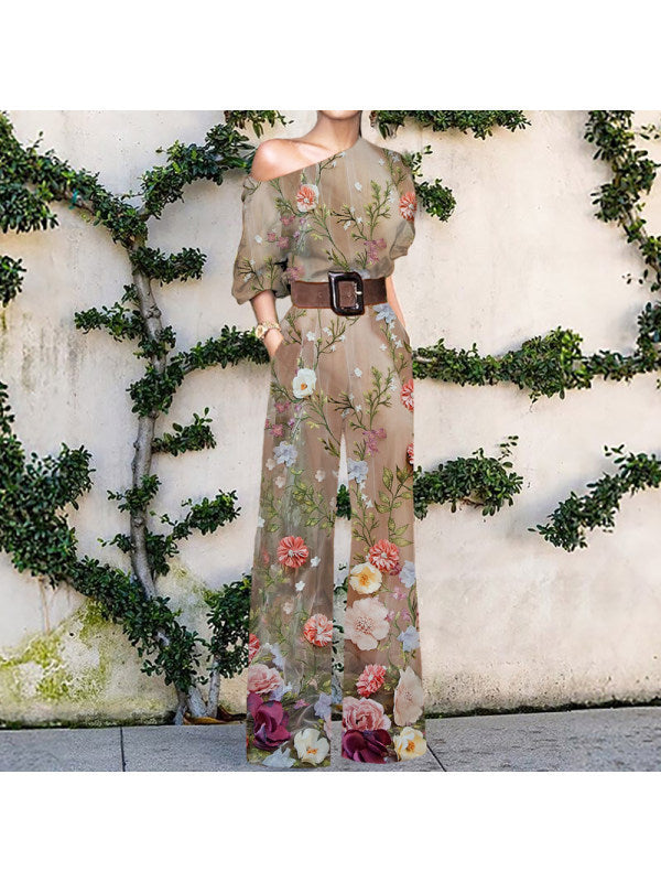 Butterfly/Floral Print/Abstract Portrait One Shoulder Short Sleeve High Waist Women's Wide Leg Jumpsuit to 3X Plus Size