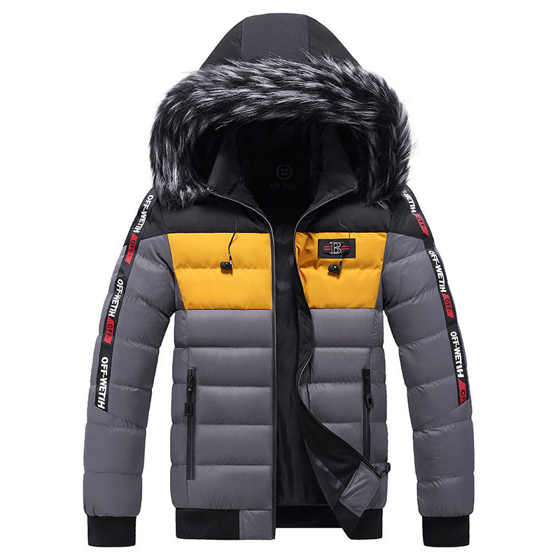 Men's Ribbed Colorblock Furry Hooded Down Puffer Ski Jacket