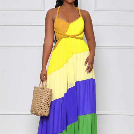 Chiffon Diagonal Colorblock Striped Print Spaghetti Strap V-Neck Maxi Sundress