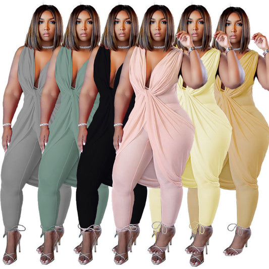 Sleeveless Ruched Milk Silk Deep V-Neck Layered Jumpsuit to 4X Plus Size