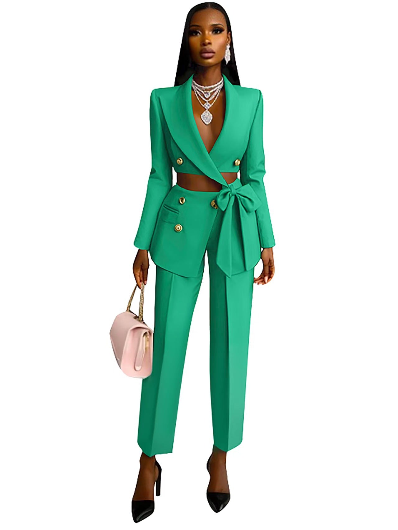 Cropped Hollow-Out Design Women's Sash Belted Blazer Jacket + Irregular Pants Suit