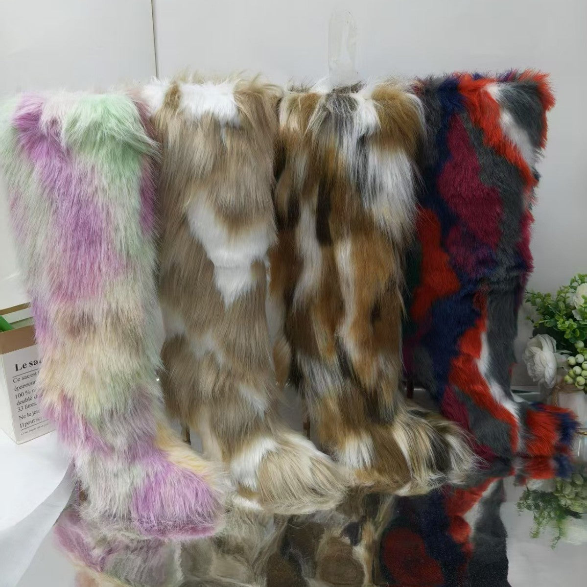 Faux Fur Colorblock Brown/White/Black Faux Fur Pattern Stiletto Heel Women's Knee-High Boots