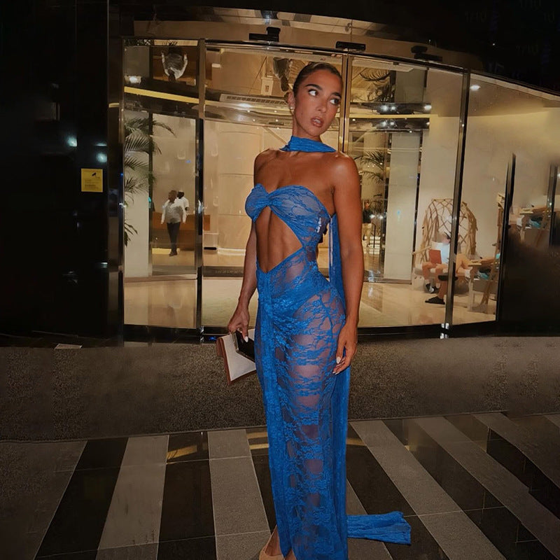 Lace Sleeveless Sheer Transparent Tube Top Chest Wrapped Design Hollow-Out Skinny High Slit Maxi Dress