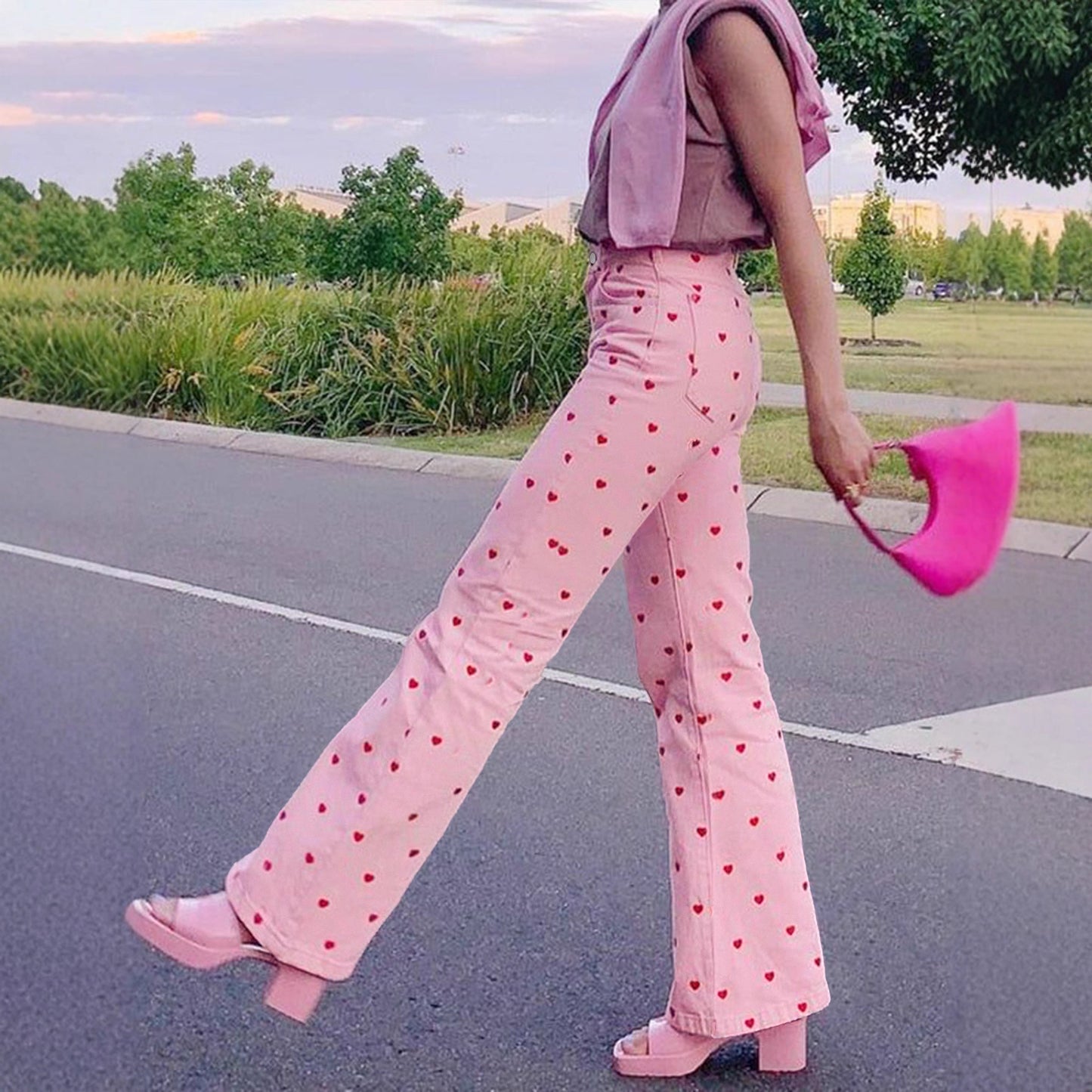 Denim Pink Women's Wide Leg Red Heart Print Jeans to 4X Plus Size