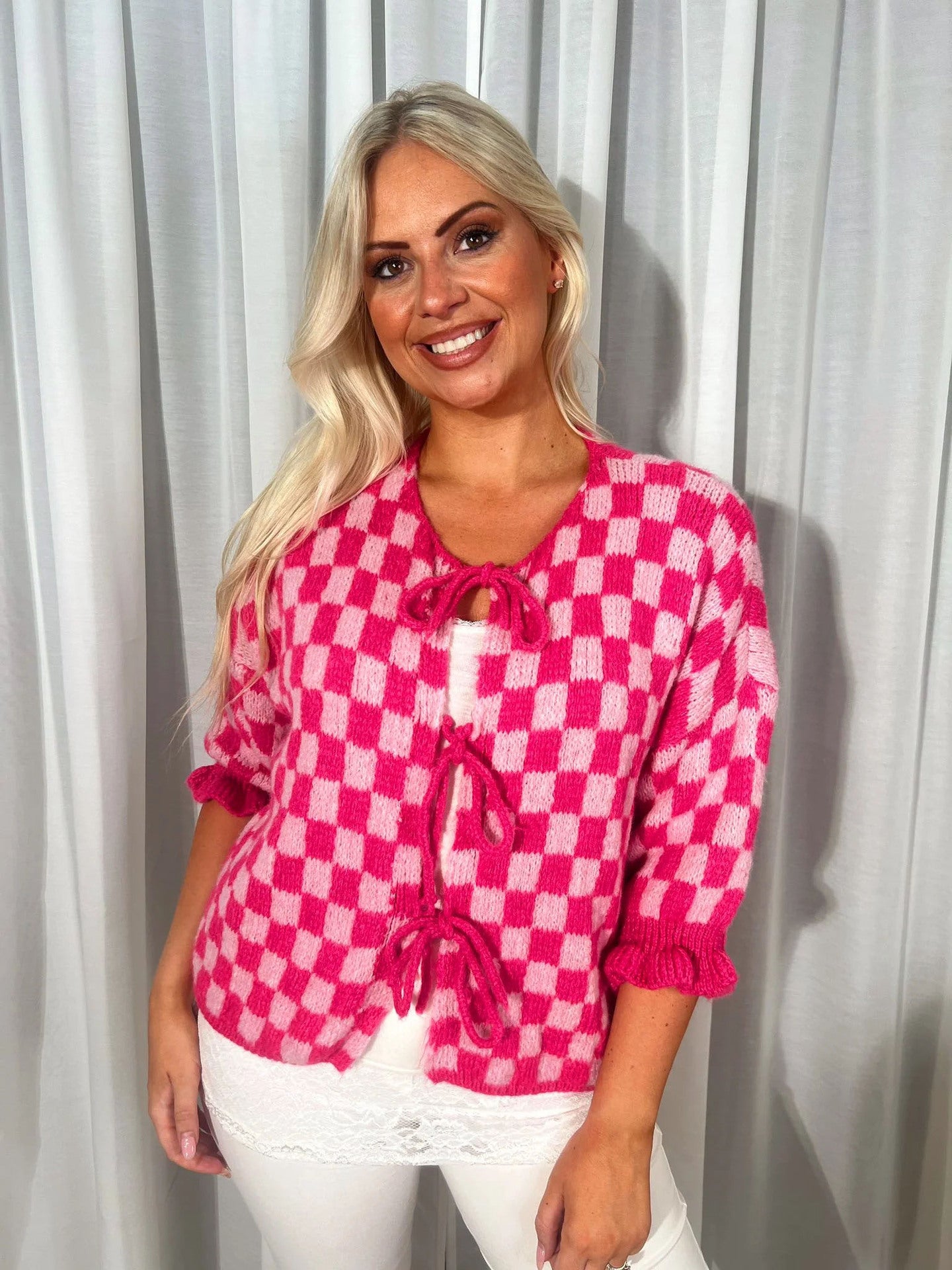 Plaid Checker Colorblock Print Bowknot Design Women's 1/2 Sleeve Sweater