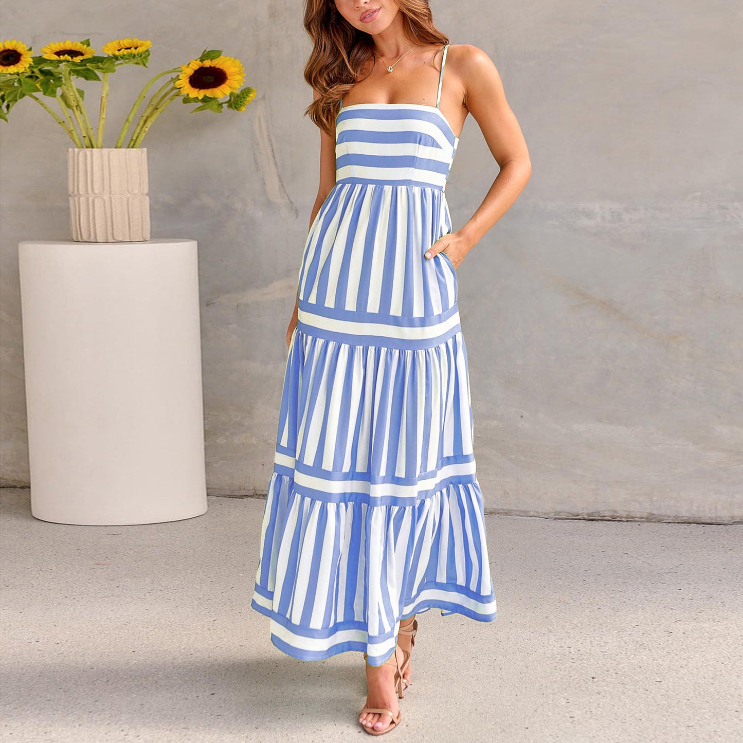 Striped Print Spaghetti Strap Square Neck Backless Maxi Tiered Beach Dress