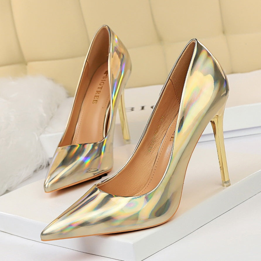 Glossy Shallow Mouth Patent Leather Solid Color Stiletto Heel Women's Pumps