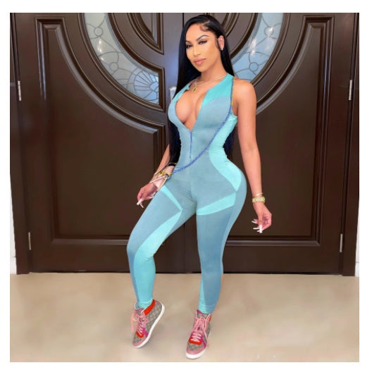 Fitness Sleeveless Deep V-Neck Colorblock Camisole Smocked Women's Skin Tight Yoga Workout Zipper Jumpsuit