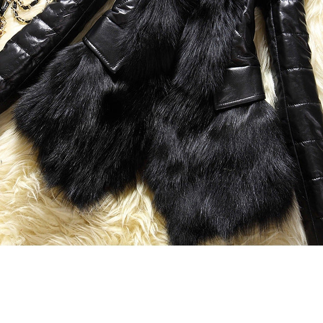 Black Shiny PU Leather Faux Fur Collar Women's Jacket