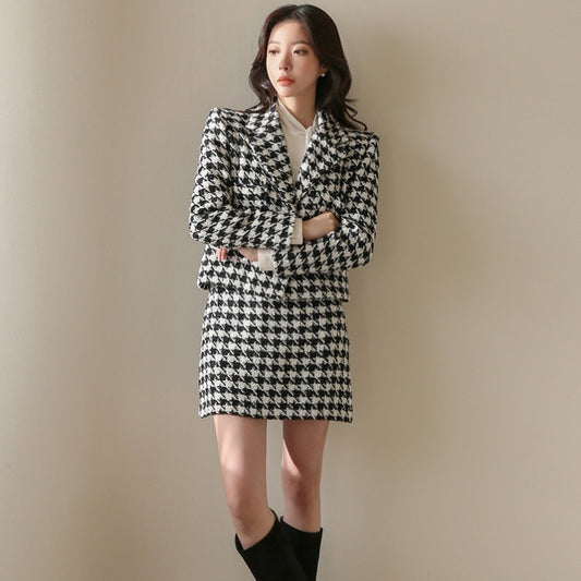 Black/White Plaid Houndstooth Blazer Jacket + Mini Skirt Women's Business Suit