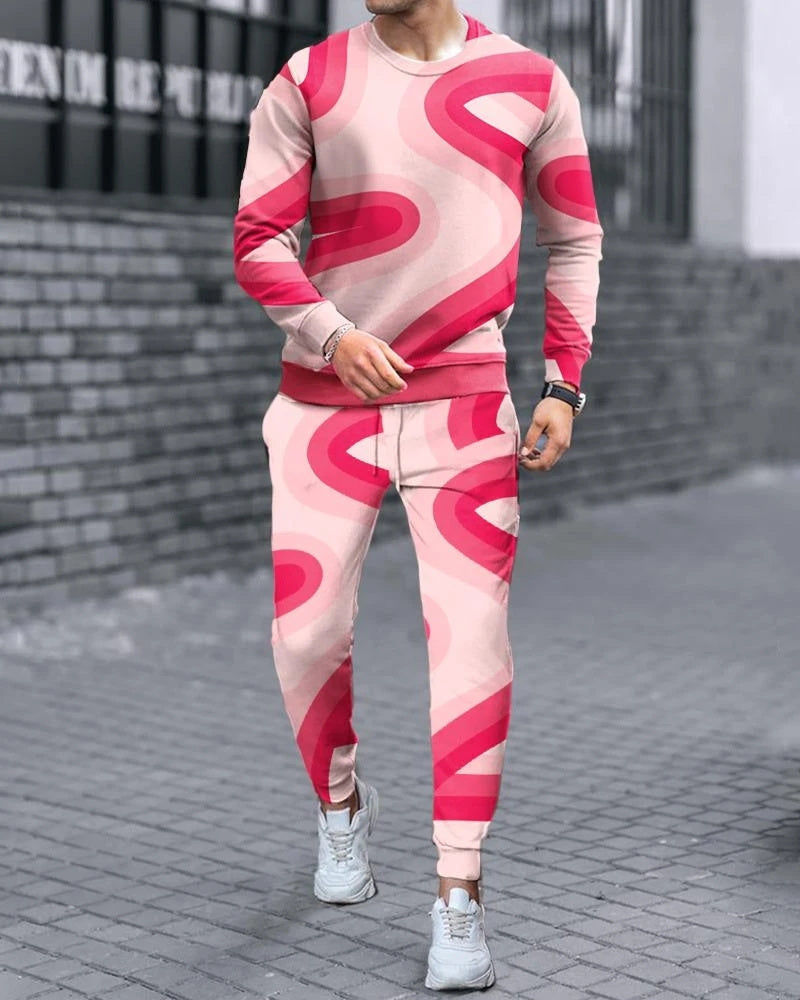 Men's Jack of Diamonds/Geometric/Aztec Print O-Neck Long Sleeve Pullover Sweatshirt + Jogger Sweatpants Tracksuit