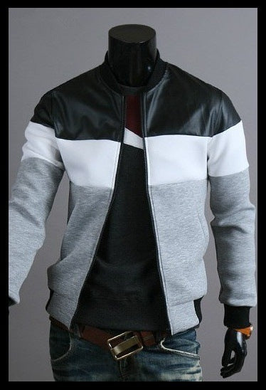 Men's Hip-Hop Black/White/Grey Striped Colorblock O-Neck Zipper Bomber Jacket