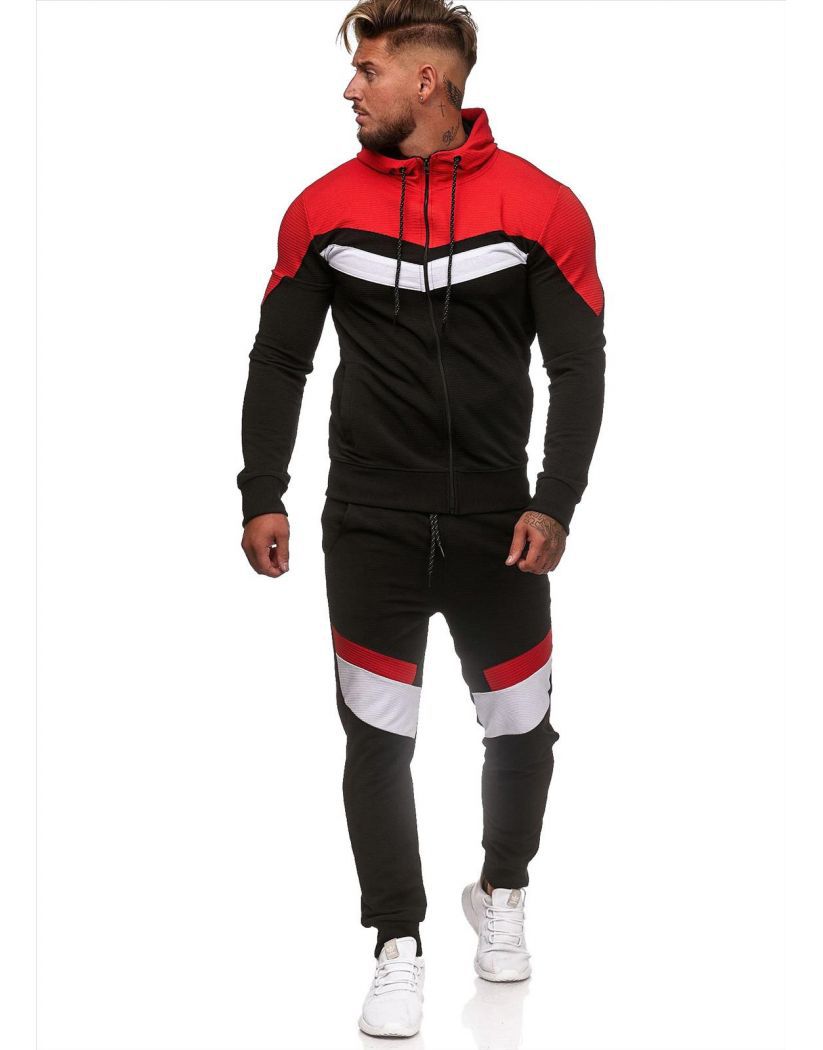 Men's Striped Colorblock Red/Black/White Hip-Hop Zipper Hoodie Jacket + Jogger Sweatpants Tracksuit