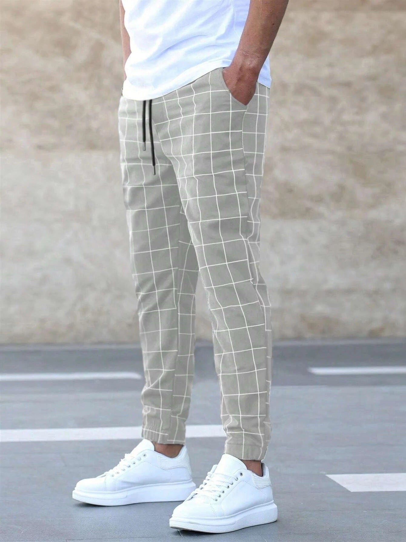 Men's Plaid Print Casual Drawstring Trouser Pants