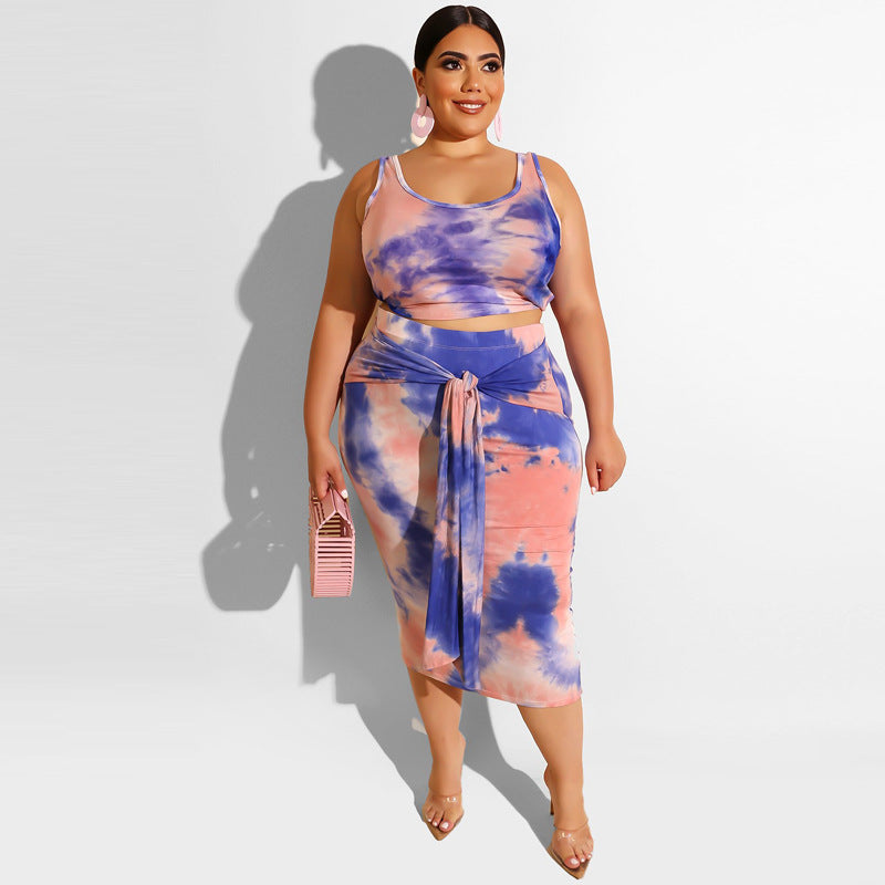 Tie-Dye Print Women's Sleeveless Crop Tank Top + Lace-Up Skirt 2-Piece Set to 5X Plus Size