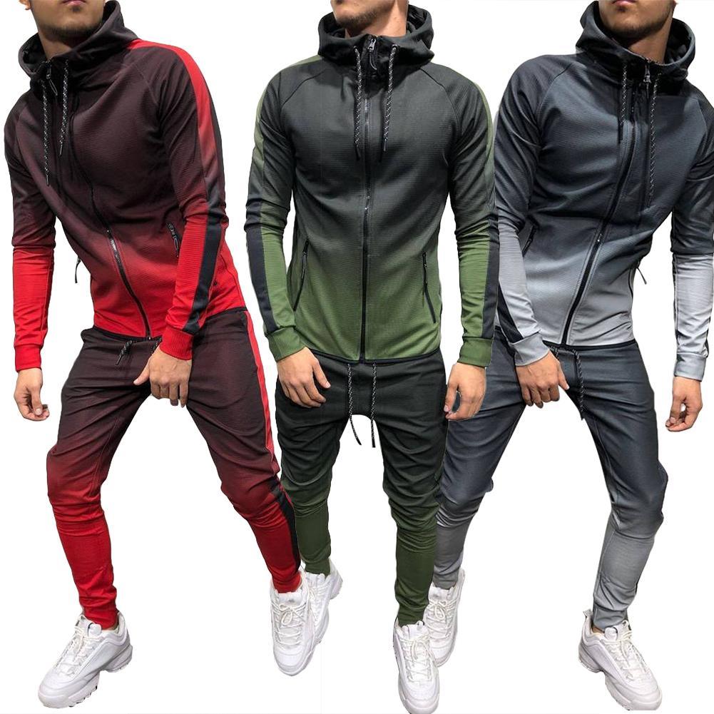 Men's Gradient Side Striped Drawstring Zipper Hoodie Sweatshirt + Skinny Sweatpants Tracksuits