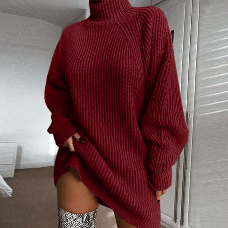 Solid Turtleneck Long Sleeve Mini Sweater Dress