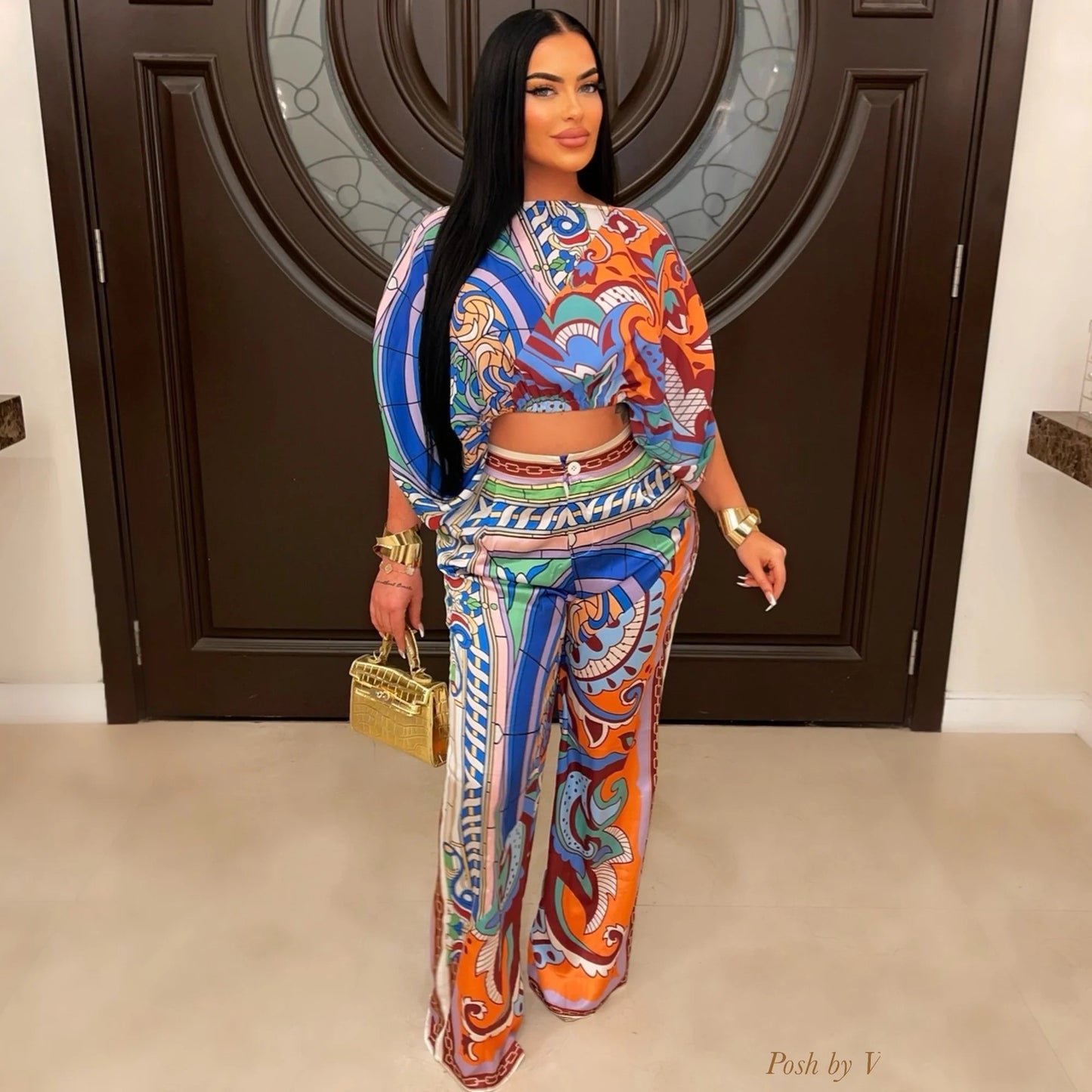 Off-the-Shoulder Geometric Floral Cropped Lantern Sleeve Blouse + Pants Women's 2-Piece Set