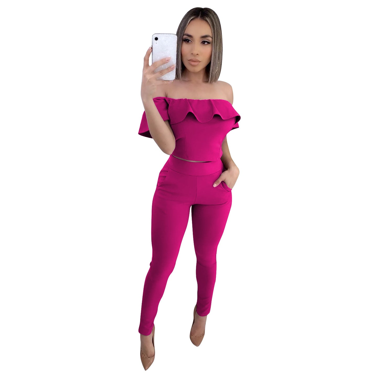 Ruffled Solid Color Off-the-Shoulder Sleeveless Crop Top + Skinny Leggings 2-Piece Set