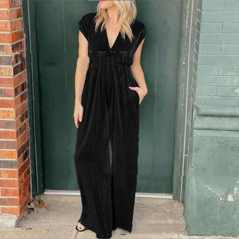 Velvet Loose Sleeveless Solid Color V-Neck High Elastic Waist Women's Jumpsuit to 5X Plus Size