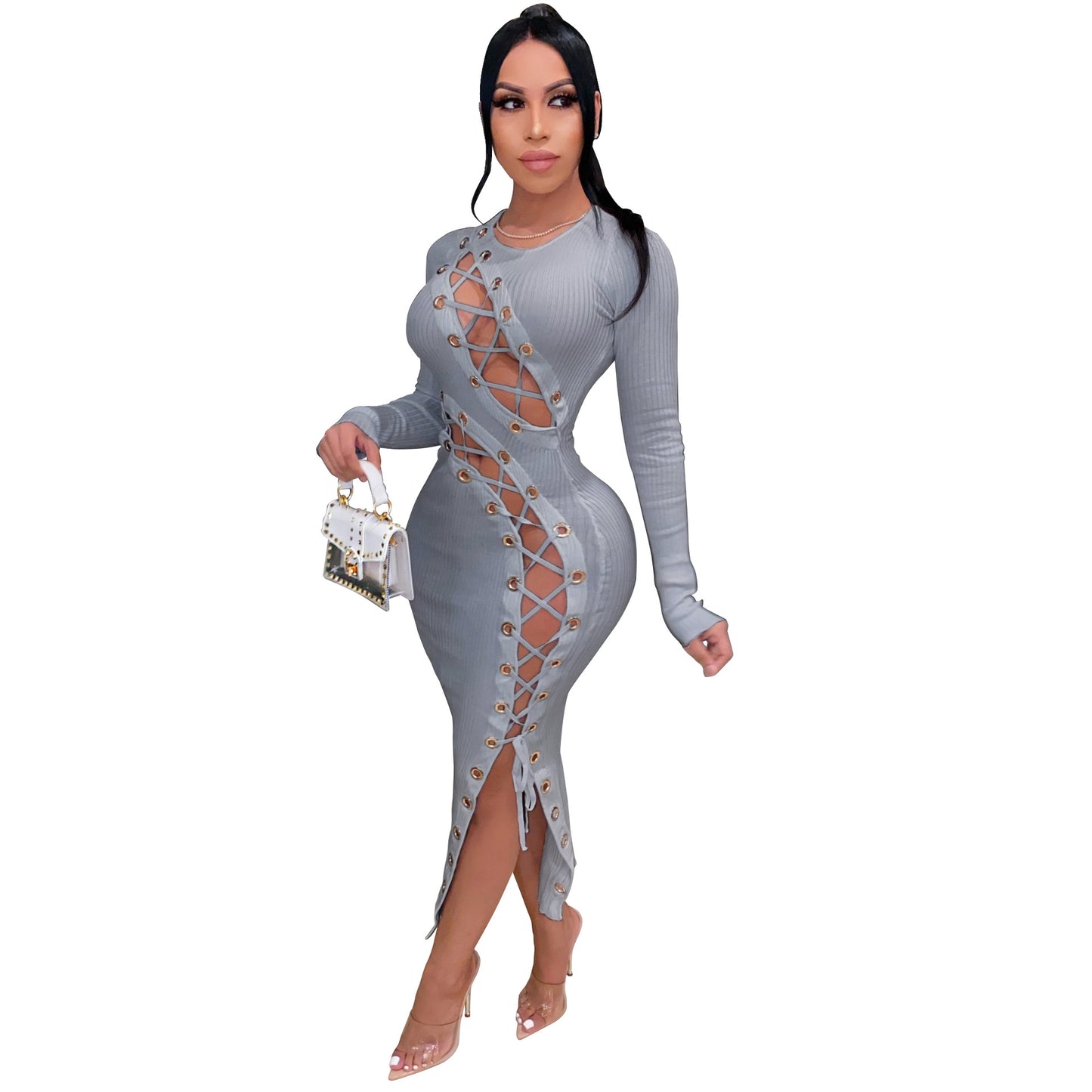 Colorblock/Solid Color Lace-Up Pattern Long Sleeve Skin Tight Hollow-Out Bodycon Dress
