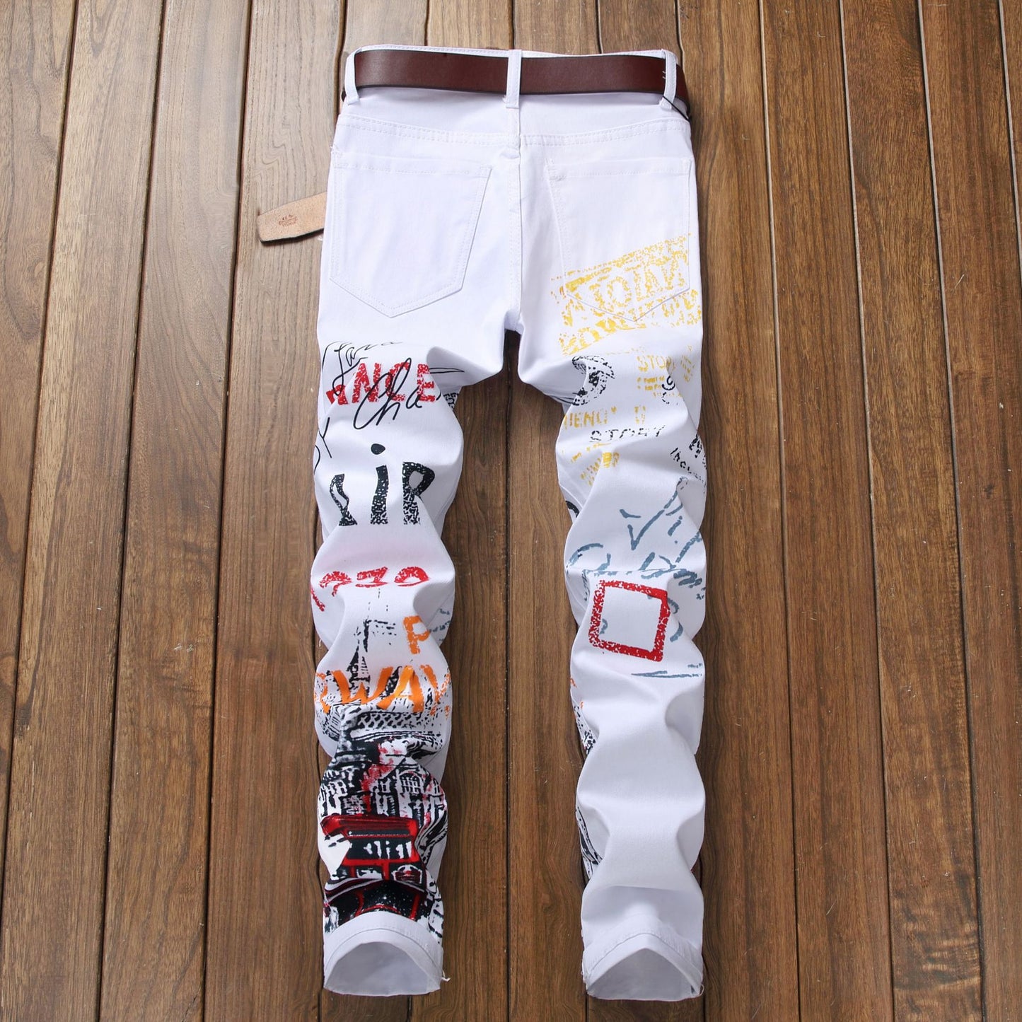 Men's White/Black Hip-Hop Graffiti Letter Print Ruched Skinny Jeans