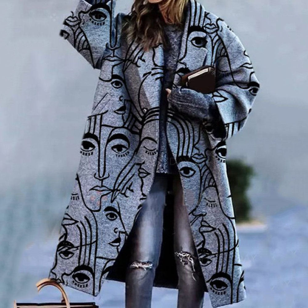 Plaid/Abstract Portrait/Flower/Solid Color Print Women's Long Sleeve Button-Up Trenchcoat to 5X Plus Size