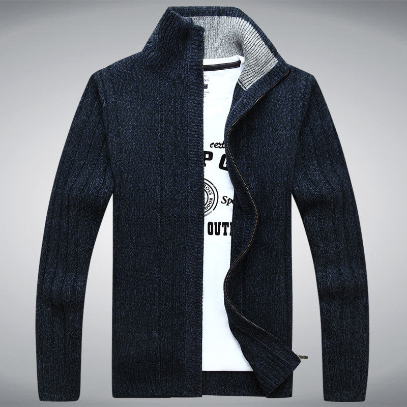 Men's Ribbed Fleece Lined Knitted Stand Collar Skinny Zipper Cardigan Sweater Jacket