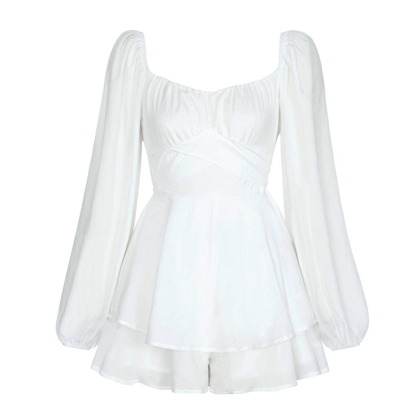 Ruffled V-Neck Women's Long Puff Sleeve Shorts Romper