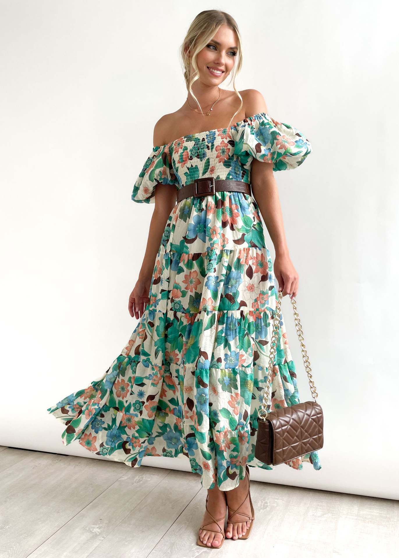 Flower Print Tiered Short Bubble Sleeve High Waist Off-the-Shoulder Bohemian Maxi Dress