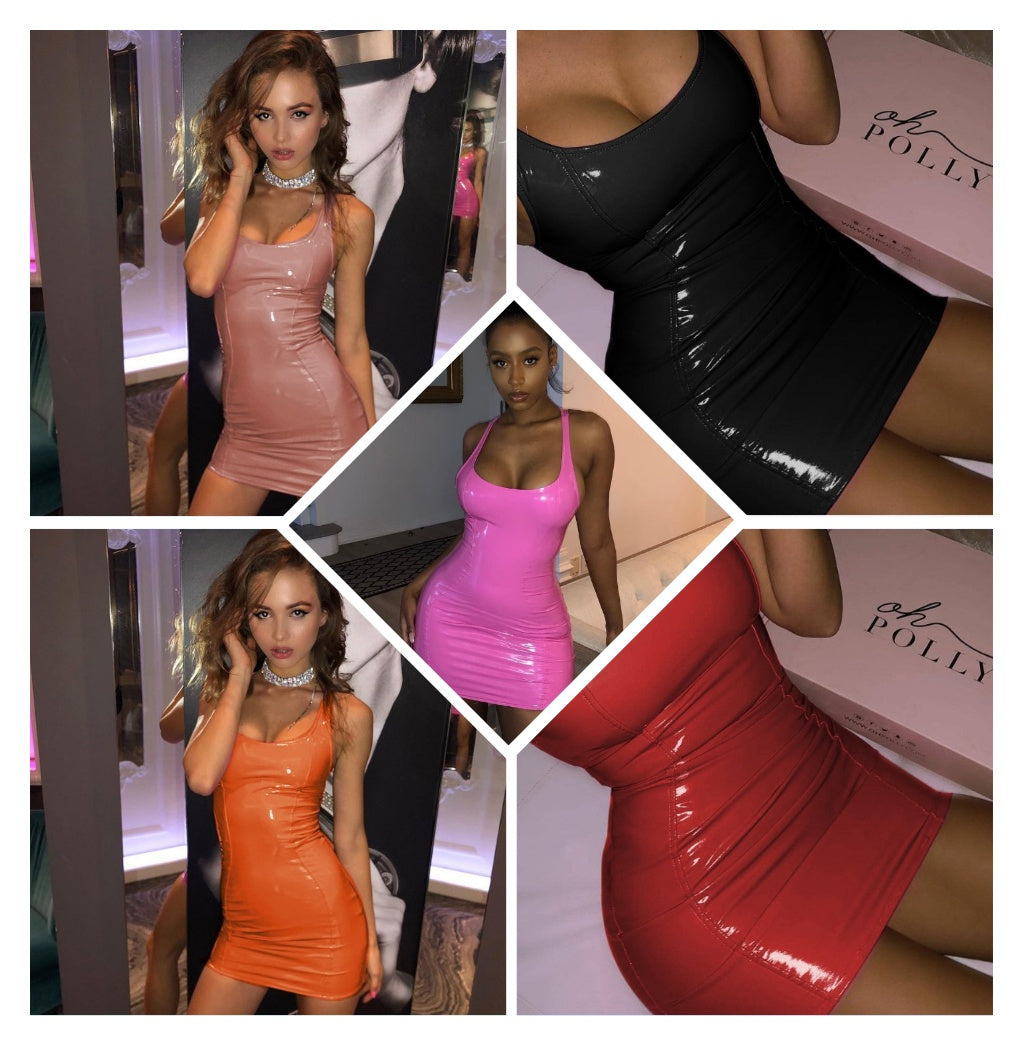 Faux Leather Solid Color Spaghetti Strap Mini Club Dress