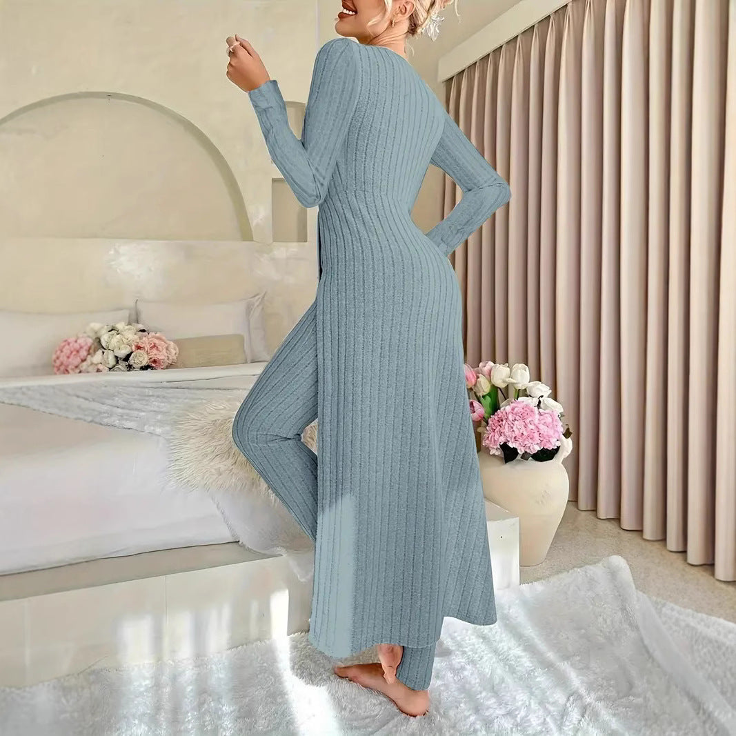 Ribbed O-Neck Split Long Sleeve Maxi Shirt + Leggings Women's Two-Piece Set