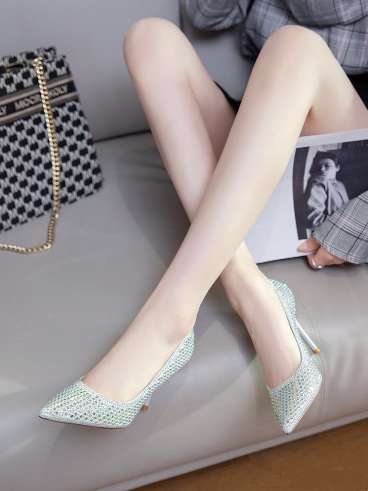 Metallic Diamond Decor Pointed Toe Stiletto Heel Women's Pumps