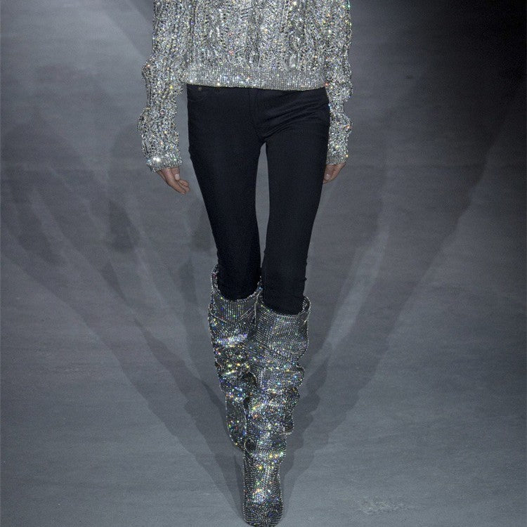 Silver/Black Diamond Metallic Sparkling Rhinestone High Heel Pointed Toe Knee-High Boots