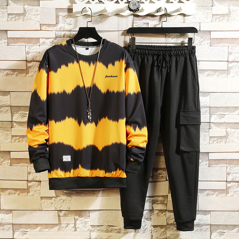 Men's Tie-Dye Striped Long Sleeve O-Neck Sweatshirt + Black Sweatpants Tracksuit to 5X Big & Tall