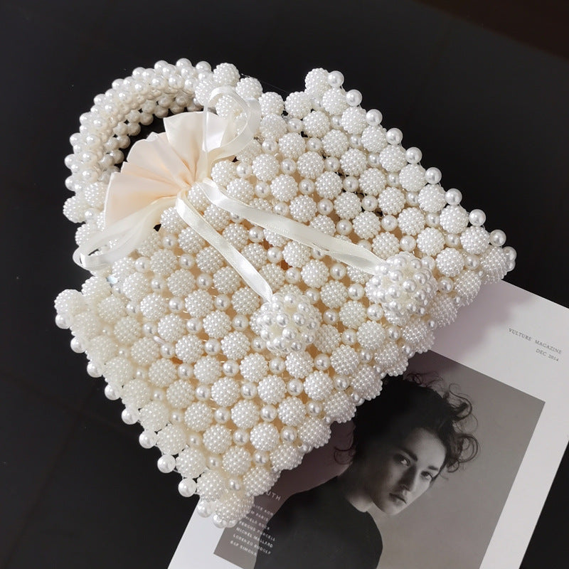 Satin Pearl Beaded Bowknot Decor Square French Niche Hand-Weaved Dinner Satchel Purse