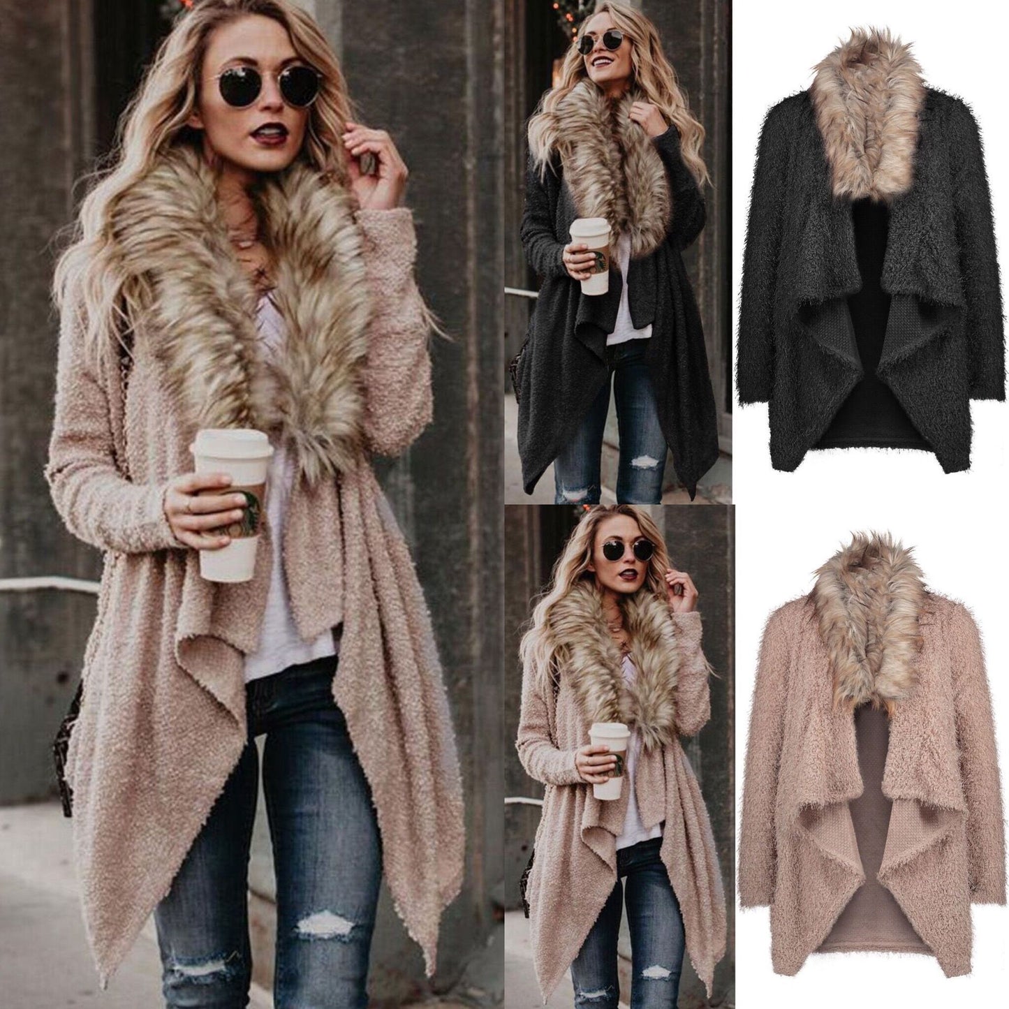 Cashmere Women's Faux Fur Collar Long Sleeve Cardigan Maxi Sweater