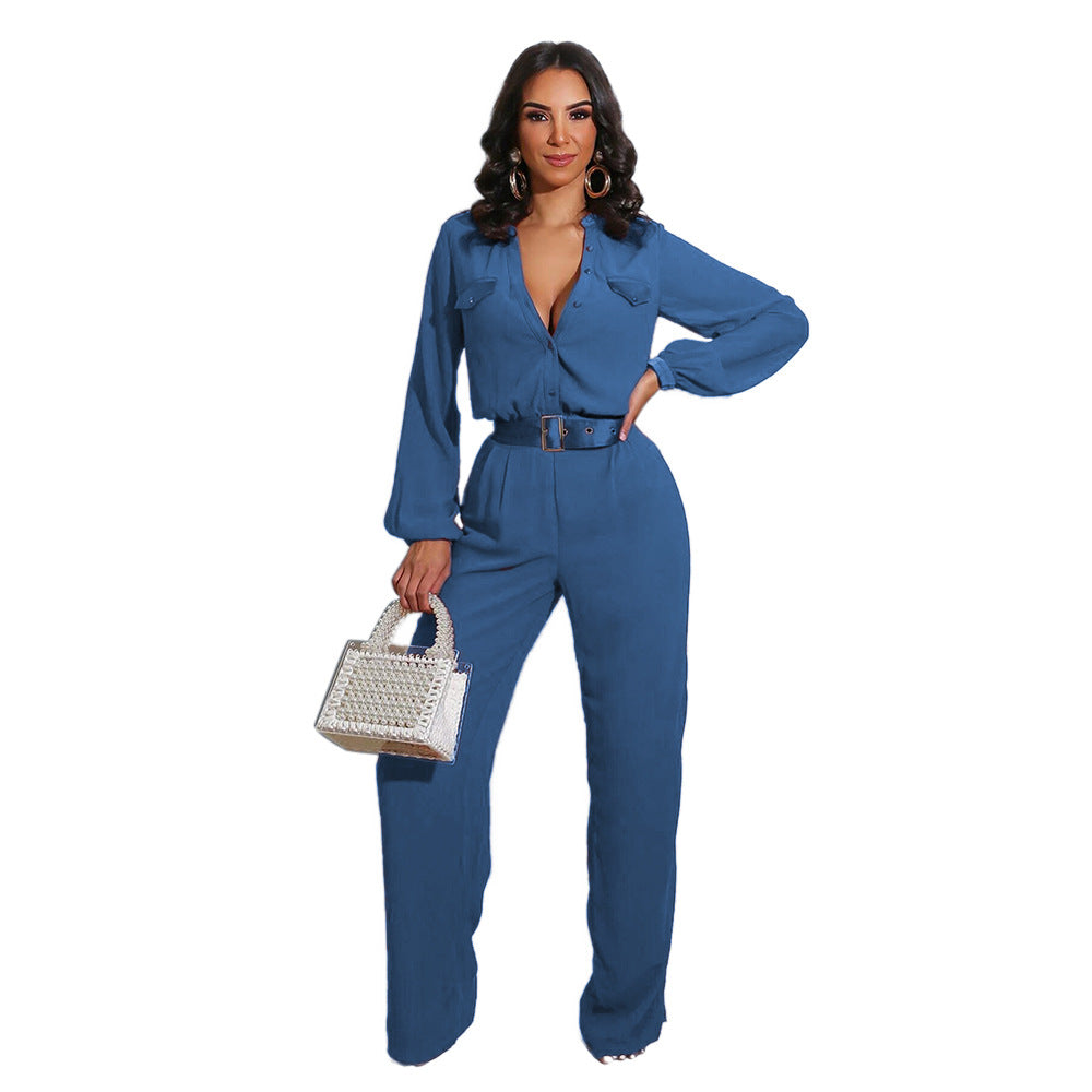 Turn-Down Collar Long Sleeve Women's Pocketed Blouse Design Solid Color Jumpsuit w/ Belt