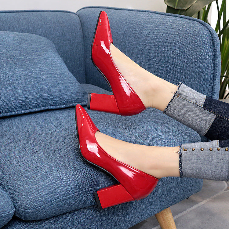 Patent Leather Solid Color Women's Pointed Toe Square Heel Pumps