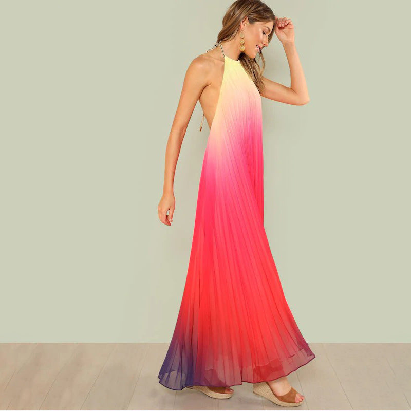 Gradient Colorblock Pleated Sleeveless Ruched Chiffon Halter Formal Maxi Dress