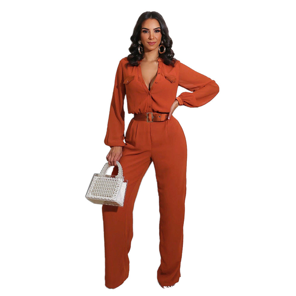 Turn-Down Collar Long Sleeve Women's Pocketed Blouse Design Solid Color Jumpsuit w/ Belt