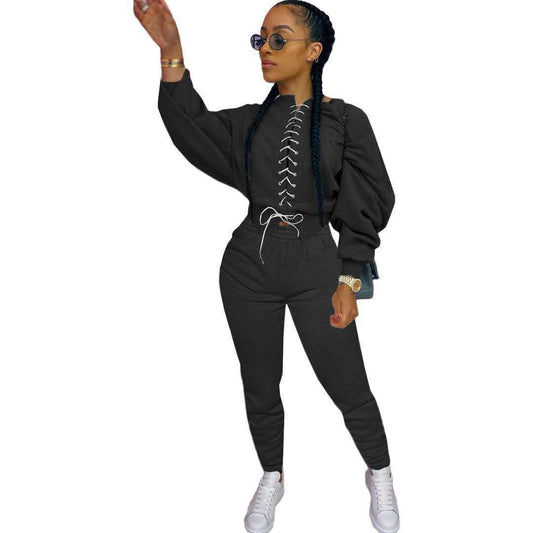 Puffed Balloon Sleeve Criss-Cross Women's Lace-Up Sweatshirt + Jogger Sweatpants Tracksuit to 3X Plus Size