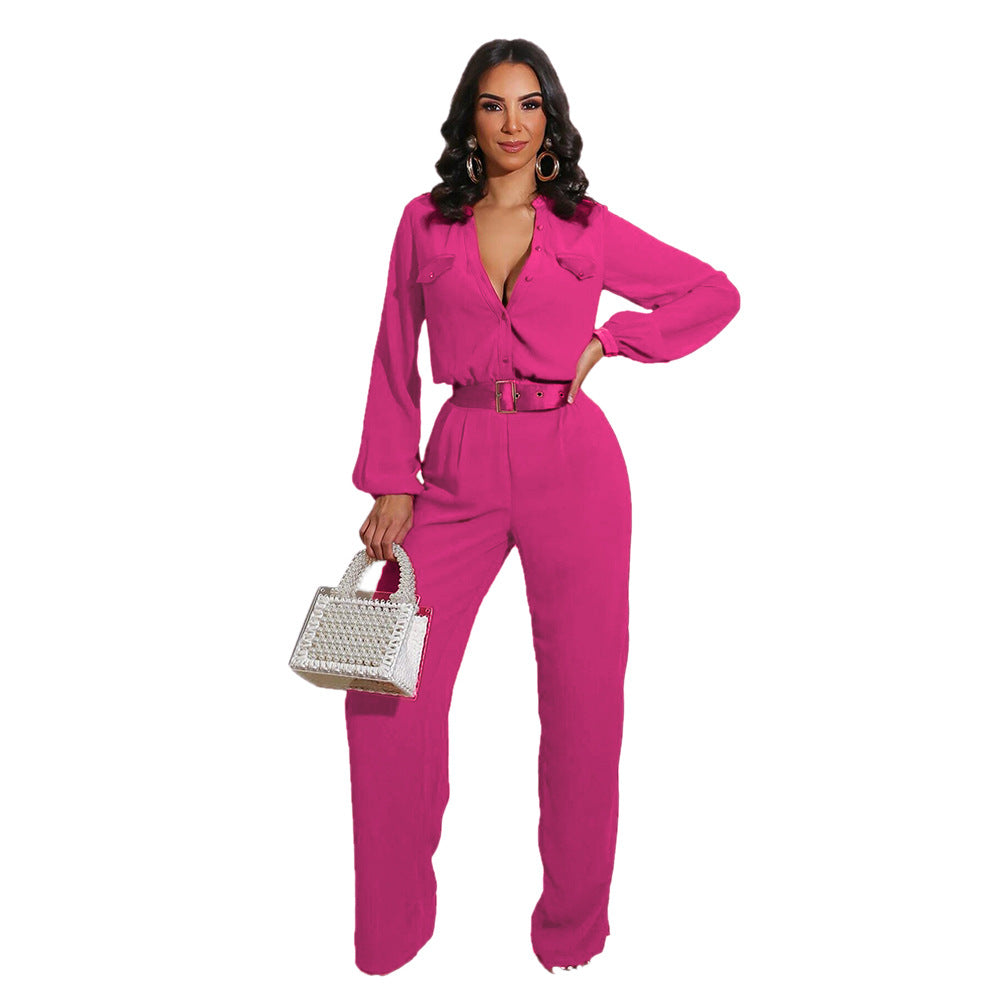 Turn-Down Collar Long Sleeve Women's Pocketed Blouse Design Solid Color Jumpsuit w/ Belt