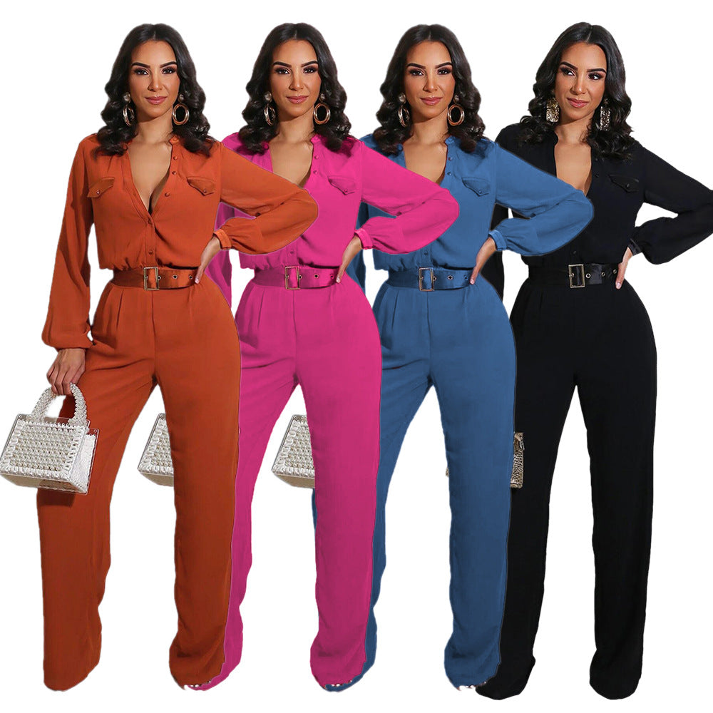 Turn-Down Collar Long Sleeve Women's Pocketed Blouse Design Solid Color Jumpsuit w/ Belt