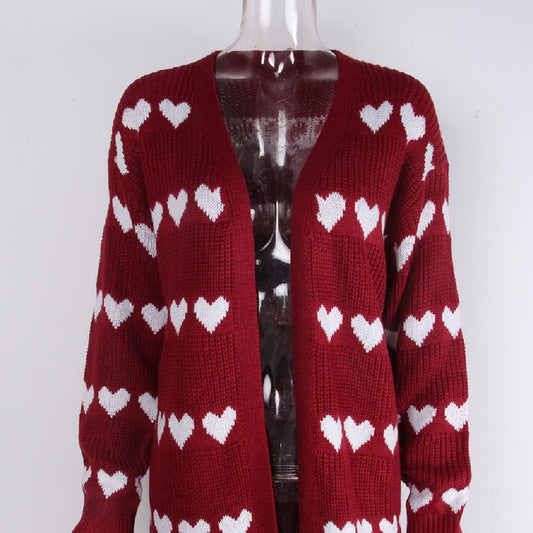 Women's Heart Print Long Sleeve Jacquard Cardigan Maxi Sweater