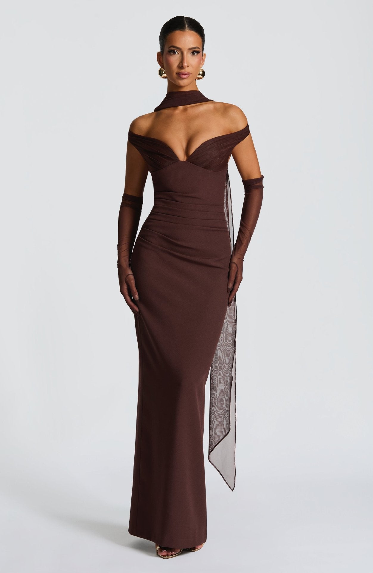Off-the-Shoulder Solid Color Formal Evening Dress w/ Hanging Sash