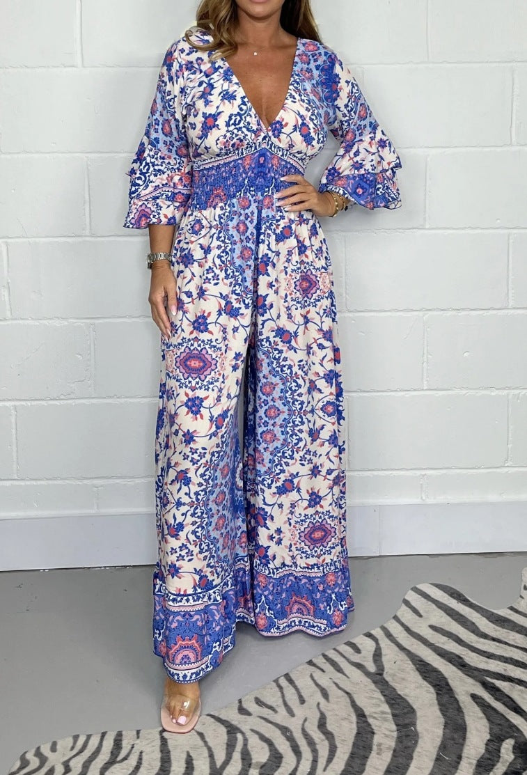 Floral Print Long Sleeve Bohemian Deep V-Neck Women's Wide Leg Jumpsuit to 3X Plus Size