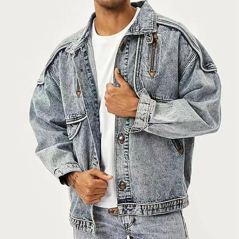 Men's Oversized Denim Faded Acid Washed Zipper Pocket Design Jean Jacket